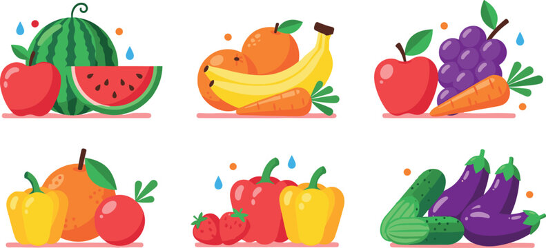 Fresh fruits and vegetables groups with apple banana orange grape carrot pepper cucumber eggplant healthy food vector illustration set