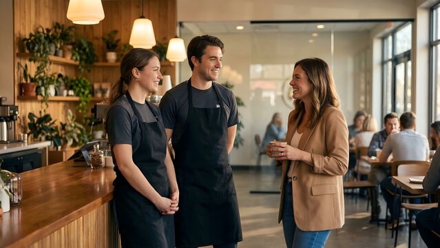 Smiling female customer talking to two happy cafe staff in aprons at a modern coffee shop