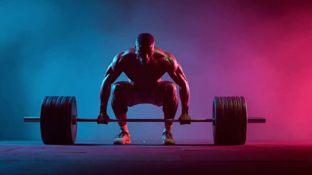 Powerful Athlete Performing Heavy Barbell Deadlift in Neon Blue Red Gym Lighting