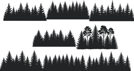 Black silhouette coniferous forest tree line, pine fir spruce evergreen trees vector illustration set for nature landscape design and seamless background © MdShahid