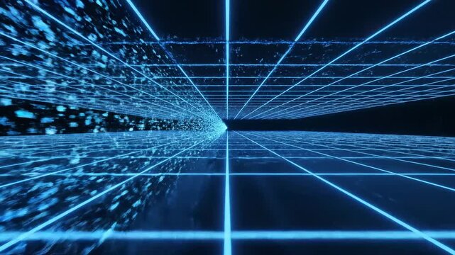 Abstract blue digital grid tunnel with fast moving data particles streaming through cyberspace perspective concept of high speed data transfer and network technology
