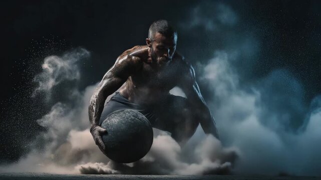 Muscular Athlete Training with Heavy Medicine Ball in Dramatic Smoke Fitness Scene