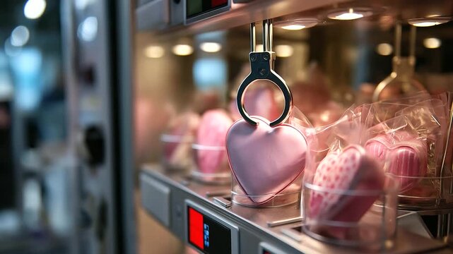 Automatic vending machine filled with pink heart-shaped jewelry boxes, last-minute gift and surprise consumption concept, romantic gift dispensing, automated present purchasing,