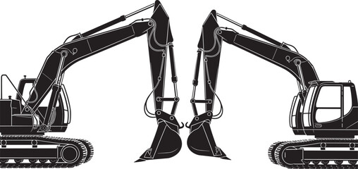 Black silhouette pair of crawler excavators facing each other, mirrored heavy diggers with extended booms and buckets, construction machinery vector illustration set © MdShahid