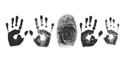 Black ink handprints and a large central fingerprint isolated on a white background for identity.