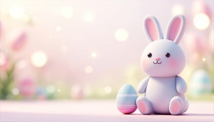 Fototapeta premium Cute cartoon bunny sitting next to a colorful Easter egg. Seasonal spring celebration background with soft bokeh lights. Holiday decoration for greeting card and festive commerce.