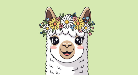 Fototapeta premium A cartoon llama wearing a floral crown.