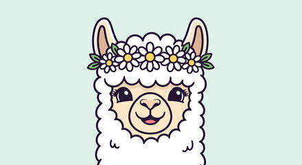 Fototapeta premium Cute cartoon llama with flower crown.