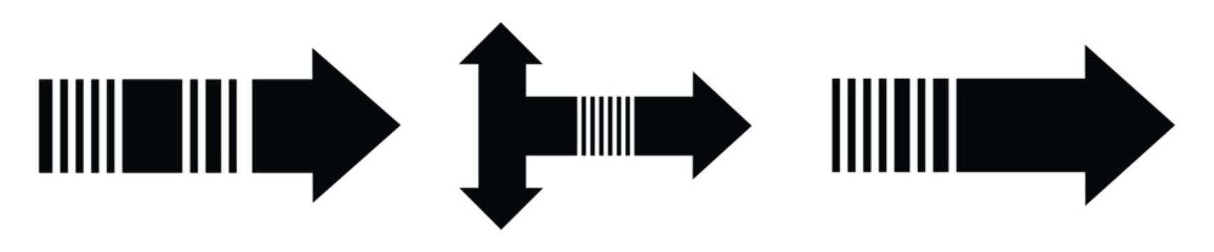 barcode vector illustration. Black long arrow pointing to the right. Straight long arrow icon, right thin line, black cursor, horizontal element, icon isolated on white background. Vector illustration