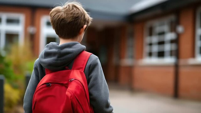 Young boy with red backpack walking toward camera in front of brick school building, student arrival scene, school approach moment, faceless child walking, defocused building