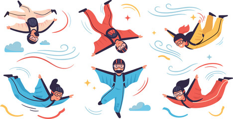 Skydiving people collection with wingsuit flyers parachuting extreme sport adventure cartoon vector illustration set © Ahmed Sahid