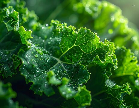 Macro photograph of kale leaves, crisp leaves with dewdrops, detailed texture and visible veins, soft natural lighting coming in from the side.