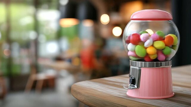 Animated candy dispenser filled with colorful candies, cartoon style illustration, whimsical sweet machine, playful vending graphic, illustrated confectionery dispenser, defocused