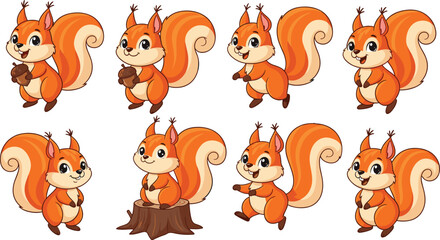 Cute squirrel cartoon characters collection holding acorn and playful poses woodland animal flat vector illustration set isolated © EdGe Creative