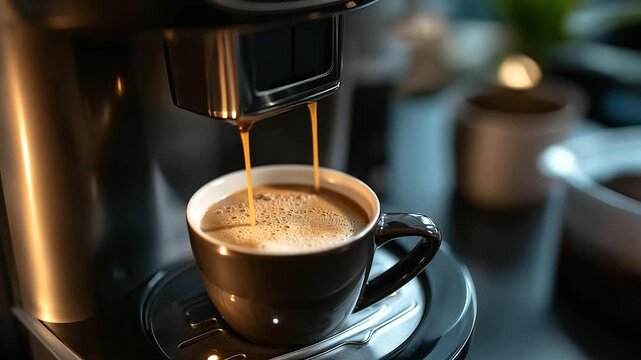 Automatic coffee maker preparing coffee drink and pouring into cup, beverage brewing process, automated coffee service, drink dispensing moment, coffee preparation sequence,