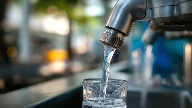 Bottle filling up in drinking water refilling station, water dispensing process, purified water access point, hydration refill service, healthy water option, defocused bottle