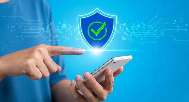 Man tapping digital mobile smartphone screen for secure transaction verification. Virtual security shield guaranteeing online data privacy. Smart authentication system for safe network protection.