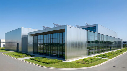 Obraz premium Modern silver office building with glass facade and green lawn