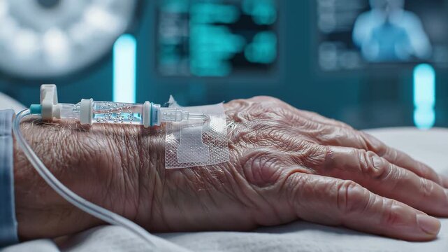 Medical hand vein iv drip monitoring in hospital.