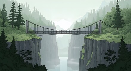 Fototapeta premium Misty suspension bridge over a serene river canyon