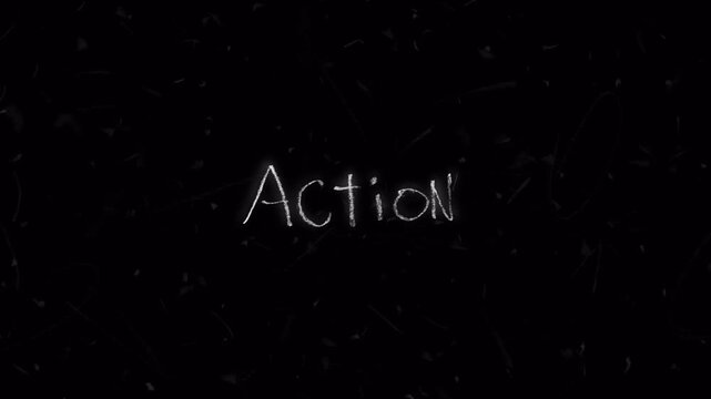 Action text on black background with film grain effect.