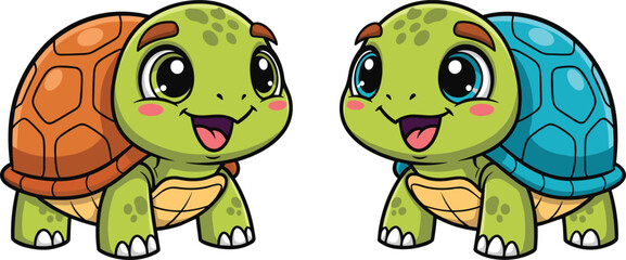 Obraz premium Cute baby turtle cartoon characters with colorful shells adorable reptile mascot animals flat vector illustration set isolated