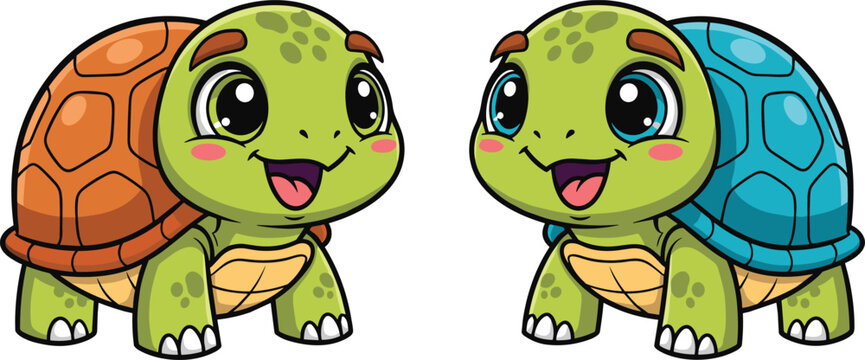 Cute baby turtle cartoon characters with colorful shells adorable reptile mascot animals flat vector illustration set isolated