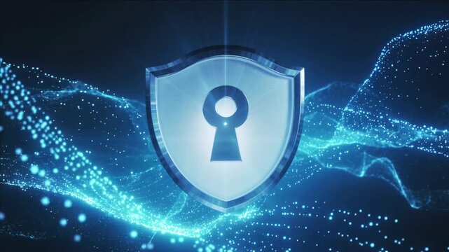 Digital security shield with keyhole symbol and glowing blue particles, representing data protection, cybersecurity, encryption, and network safety concept.