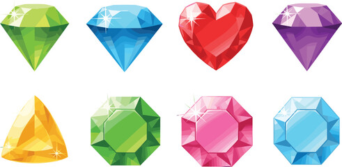 Colorful gemstone diamonds collection shiny crystal jewels ruby sapphire emerald cartoon flat vector illustration set isolated © EdGe Creative