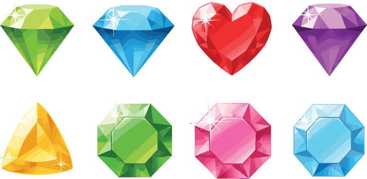 Colorful gemstone diamonds collection shiny crystal jewels ruby sapphire emerald cartoon flat vector illustration set isolated