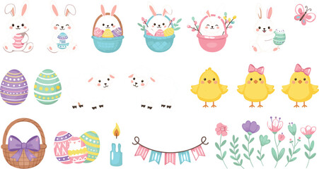 Cute Easter Characters and Spring Decoration Set with Bunny Chick Eggs Flowers Basket Lamb and Holiday Elements Vector Collection