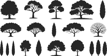 Collection of black silhouettes of various trees and plants on a white background