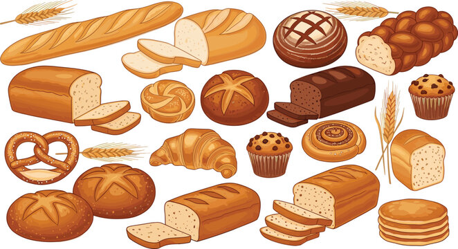 Bakery bread and pastry collection set, assorted baked goods including loaf bread, croissant, pretzel, buns and muffins, bakery food vector illustration