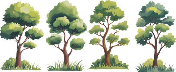 Four Green Leafy Trees with Brown Trunks and Grass at the Base on a White Background © MSTAFRUZA