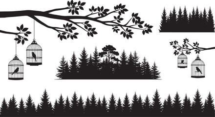 Black silhouette tree branch with hanging bird cages and birds, coniferous pine forest tree lines, vector illustration set for nature freedom design © MstSahanaj