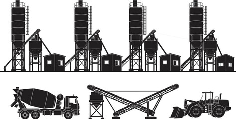 Concrete batching plant silhouette with silos hoppers conveyors, cement mixer truck, telescopic boom handler, wheel loader heavy equipment, black vector illustration set © MdArfin