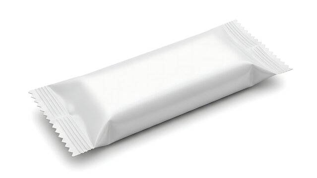 A white candy bar wrapper on a white background