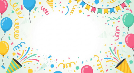 Colorful birthday celebration frame with balloons confetti and party streamers on white background for festive events © Muhammad