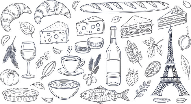 French Cuisine Hand Drawn Food Illustration Set with Croissant Baguette Cheese Wine Coffee Fish Desserts and Eiffel Tower Elements