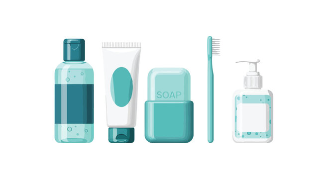 Flat lay of various teal and white bathroom essentials on a white background, including mouthwash, toothpaste, toothbrush, and hand sanitizer.