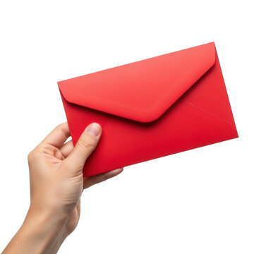 Hand holding a red envelope isolated on transparent background
