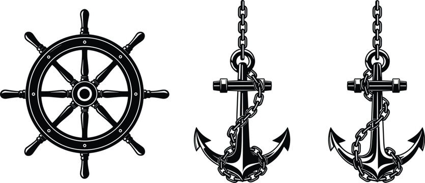 Silhouette illustration of ship steering wheel and anchors with chains, symbolizing navigation, stability, maritime tradition, nautical design, sailing, sea travel, and ocean exploration.
