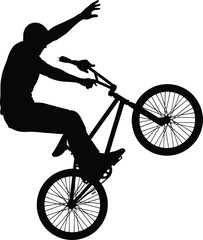 Naklejka premium Silhouette of cyclist performing wheelie stunt on bicycle, dynamic freestyle BMX rider balancing bike trick, extreme sports action illustration for outdoor adventure design