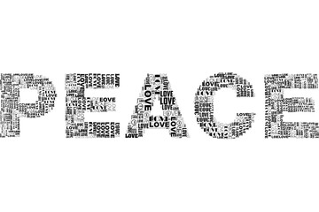 Obraz premium Peace Word Cloud Typography Composed of Love Text Pattern in Black and White Conceptual Graphic
