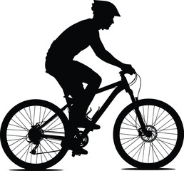 Fototapeta premium Silhouette of cyclist riding mountain bike with helmet, outdoor sports activity illustration showing fitness, adventure, recreation, transportation, exercise, and healthy lifestyle concept in dynamic 