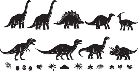 WebDinosaur silhouette vector illustration, prehistoric animals, eggs, palm trees, leaves, clouds, Tyrannosaurus rex, Triceratops, Stegosaurus,  © MdArfin