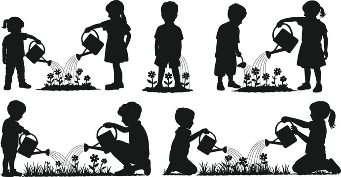 Web&ldquo;Children watering plants silhouette illustration, gardening activity vector, environmental care design, nature growth artwork, kids nurturing flowers icon&rdquo;