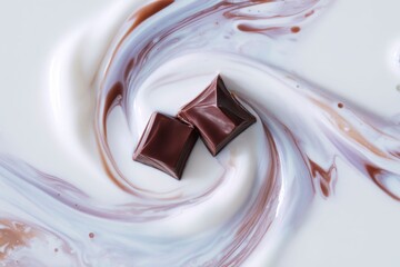 a closeup of chocolate melting in milk, with two pieces of dark chocolate floating on top of the liquid and swirling around them. the background is white