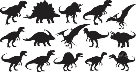 Dinosaur silhouettes set, prehistoric reptile collection, tyrannosaurus stegosaurus triceratops pterodactyl shapes, jurassic animals black icons isolated for vector illustration design pack © MdArfin