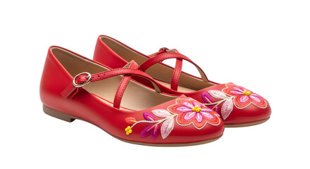 Red patent leather mary jane shoes with floral embellishments
